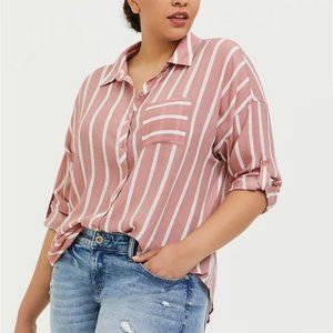 Torrid - DUSTY PINK & WHITE STRIPE BUTTON FRONT TUNIC SHIRT
